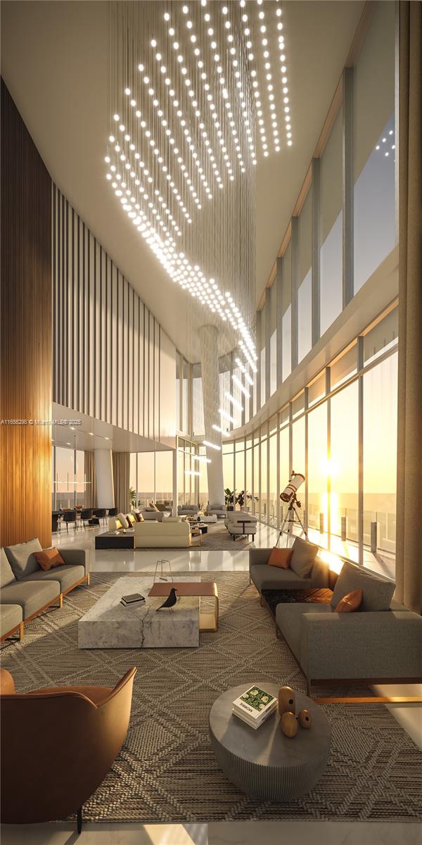 This rendering shows a modern, double-height living room with a large, cascading pendant light fixture — 300 Biscayne Blvd Way # 6301, Miami FL 33131, MIAMI, FL