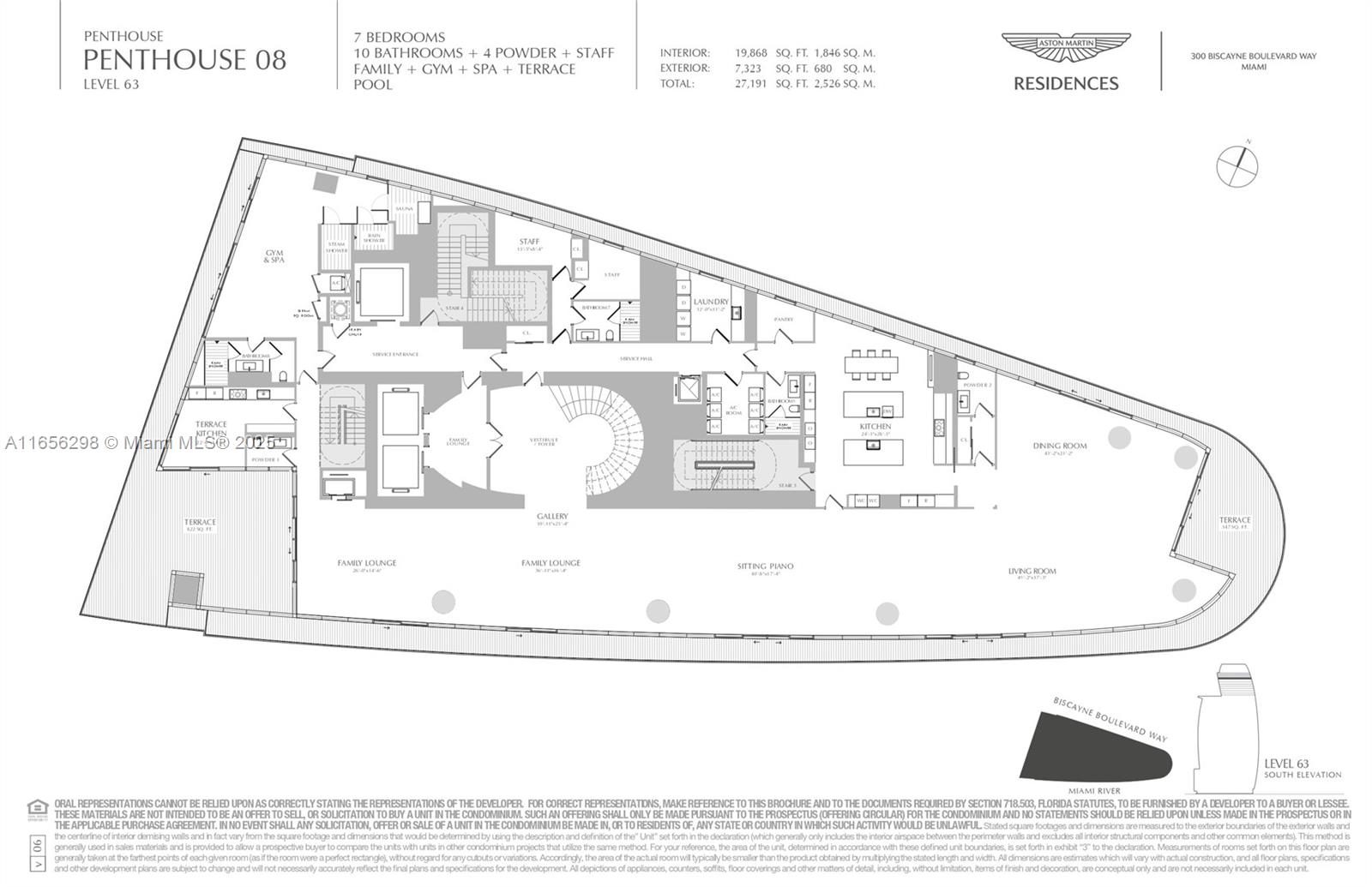 This is a floor plan for a luxury penthouse residence featuring multiple rooms and terraces — 300 Biscayne Blvd Way # 6301, Miami FL 33131, MIAMI, FL