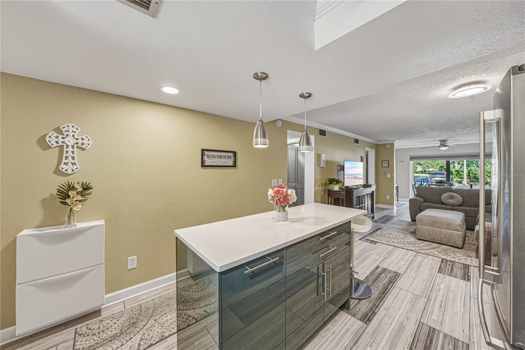 A kitchen island with a white countertop sits in front of a living room area — 801 83RD AVENUE N UNIT 108, ST PETERSBURG, FL