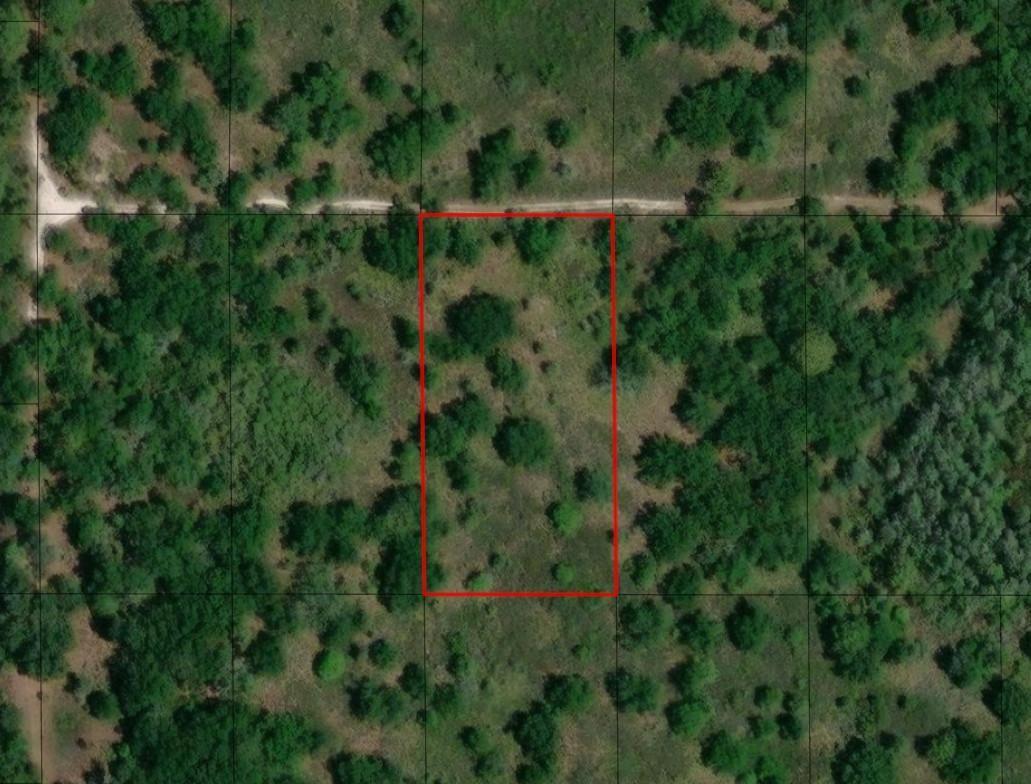 An aerial view shows a rectangular plot of land outlined in red near a dirt road — 0 County Rd 54, FL 33849, FL