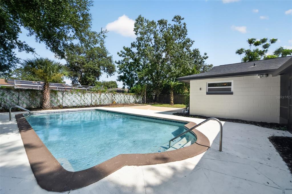 A rectangular swimming pool with a brown border sits in a backyard next to a house — 1803 BALSAWOOD COURT, ORLANDO, FL