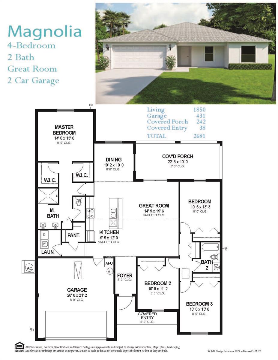 This is a floor plan and exterior rendering for a four-bedroom, two-bath single-story house — 8536 96th Court, Vero Beach FL 32967, VERO BEACH, FL