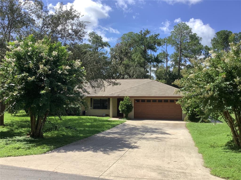 A single-story house with a brown garage and a concrete driveway sits among mature trees — 34473 ORCHID PARKWAY, RIDGE MANOR, FL