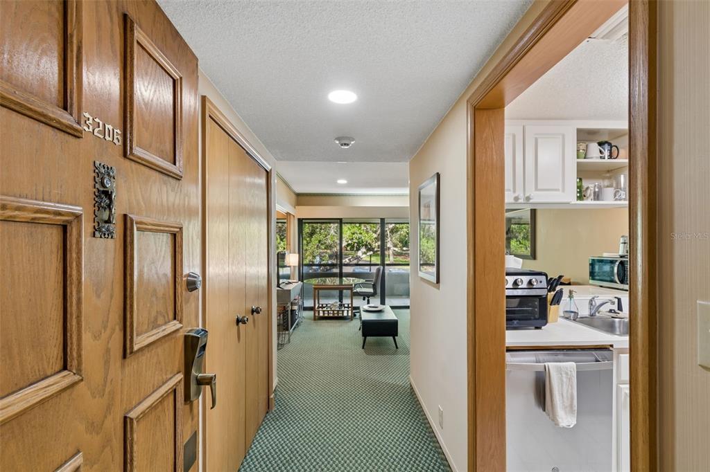 An entryway leads to a living area with green carpet and a view of trees — 36750 US HIGHWAY 19 UNIT 21214, PALM HARBOR, FL