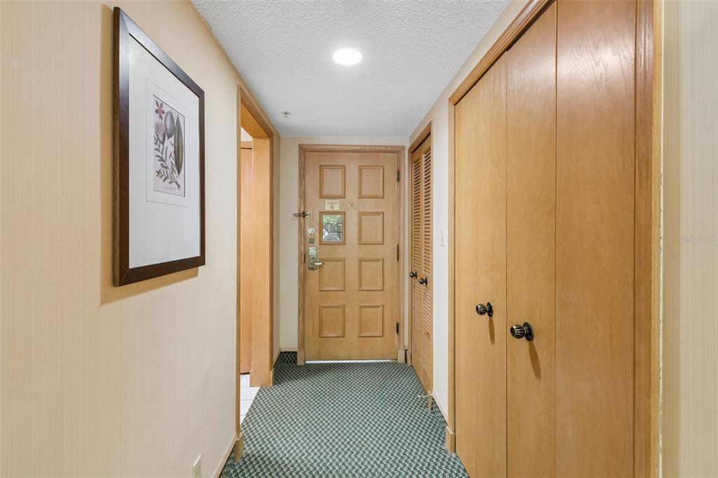 A hallway features a wooden front door, a closet with bifold doors, and patterned carpeting — 36750 US HIGHWAY 19 UNIT 21214, PALM HARBOR, FL
