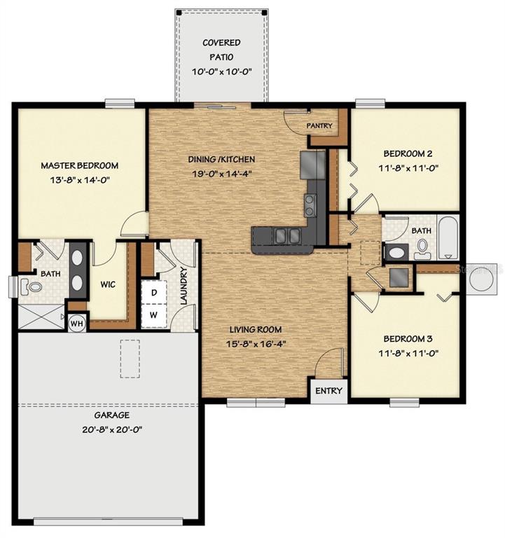 This is a floor plan for a three-bedroom, two-bathroom house with an attached garage — 892 W CADIMA PLACE, DUNNELLON, FL