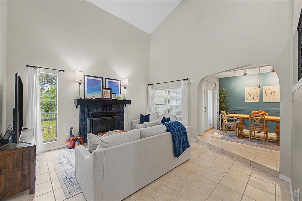 A living room with a fireplace and vaulted ceilings opens into a dining area — 13302 ARENA PLACE UNIT E, TAMPA, FL
