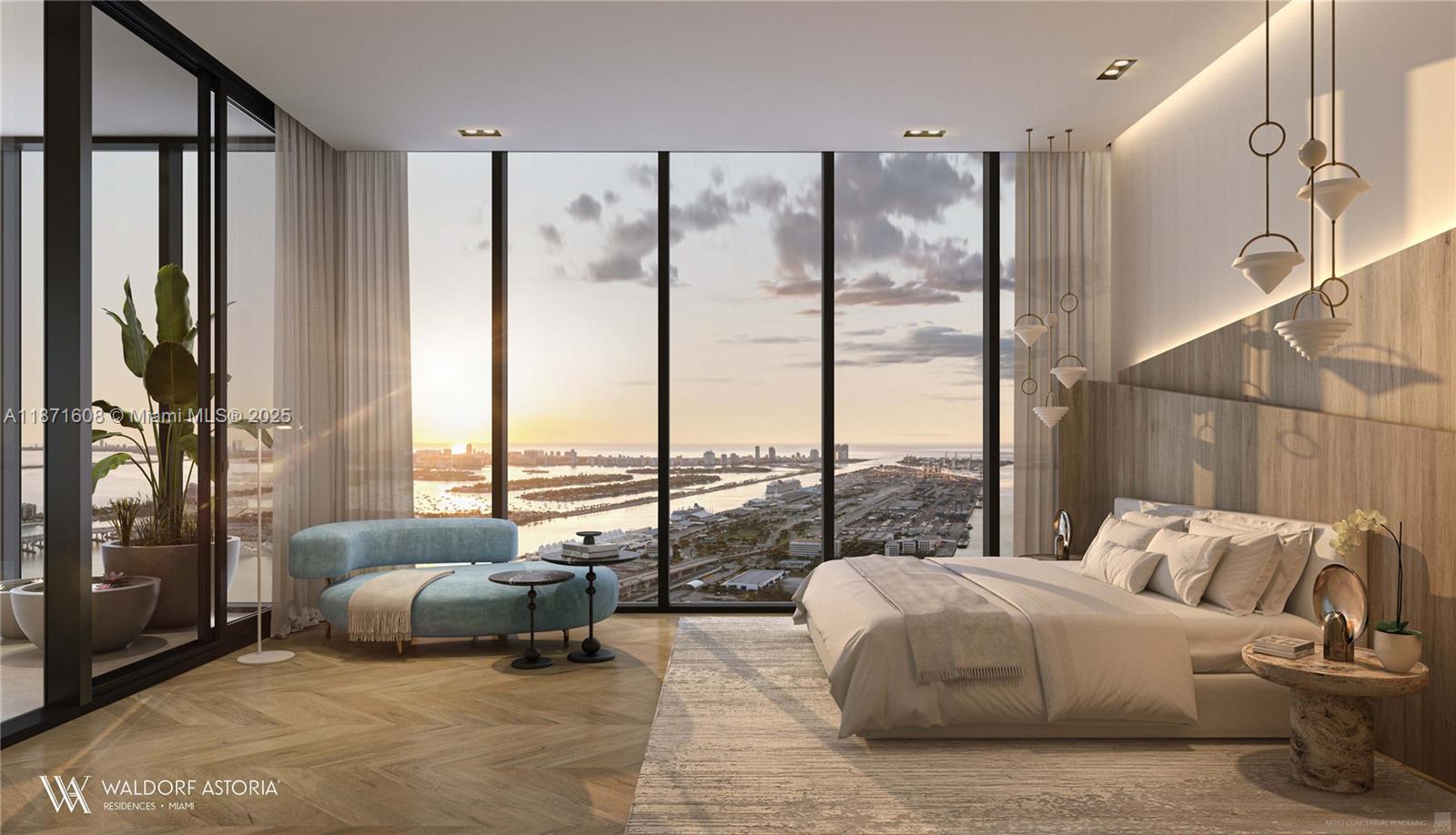 This rendering shows a modern bedroom with floor-to-ceiling windows overlooking a city and harbor — 300 N Biscayne Blvd # 8105, Miami FL 33132, MIAMI, FL