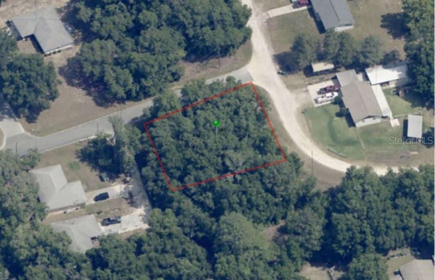 An aerial view shows a rectangular, wooded vacant lot outlined in red — 517 S SAVARY AVENUE, INVERNESS, FL