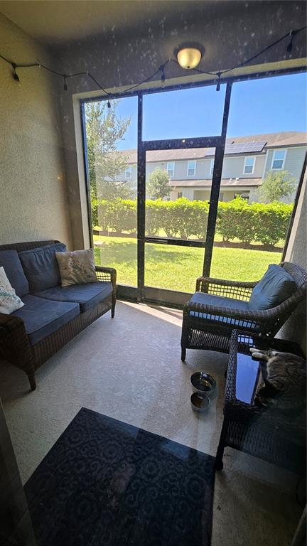 A screened-in patio features wicker furniture, a cat on a side table, and outdoor lighting — 15384 WILLOW ARBOR CIRCLE, ORLANDO, FL