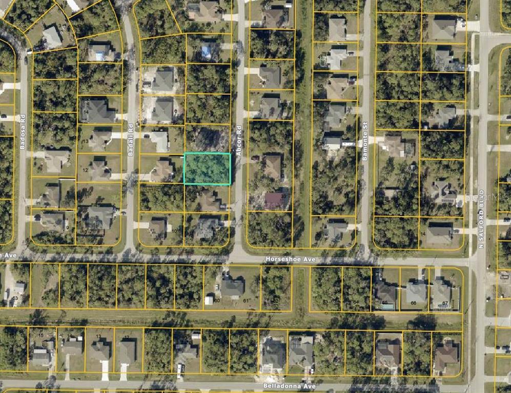 This is an aerial map showing a vacant, rectangular lot highlighted in blue within a residential neighborhood — ABCOR ROAD, NORTH PORT, FL