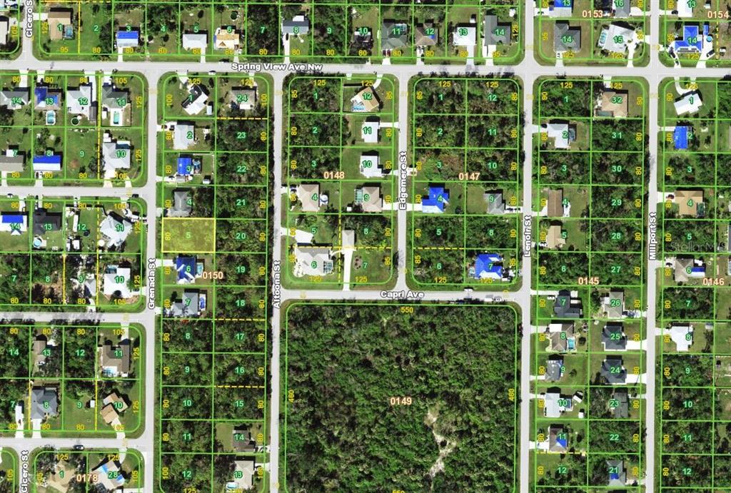 This is an aerial map showing residential lots and streets in a suburban neighborhood — 357 GRENADA STREET NW, PORT CHARLOTTE, FL
