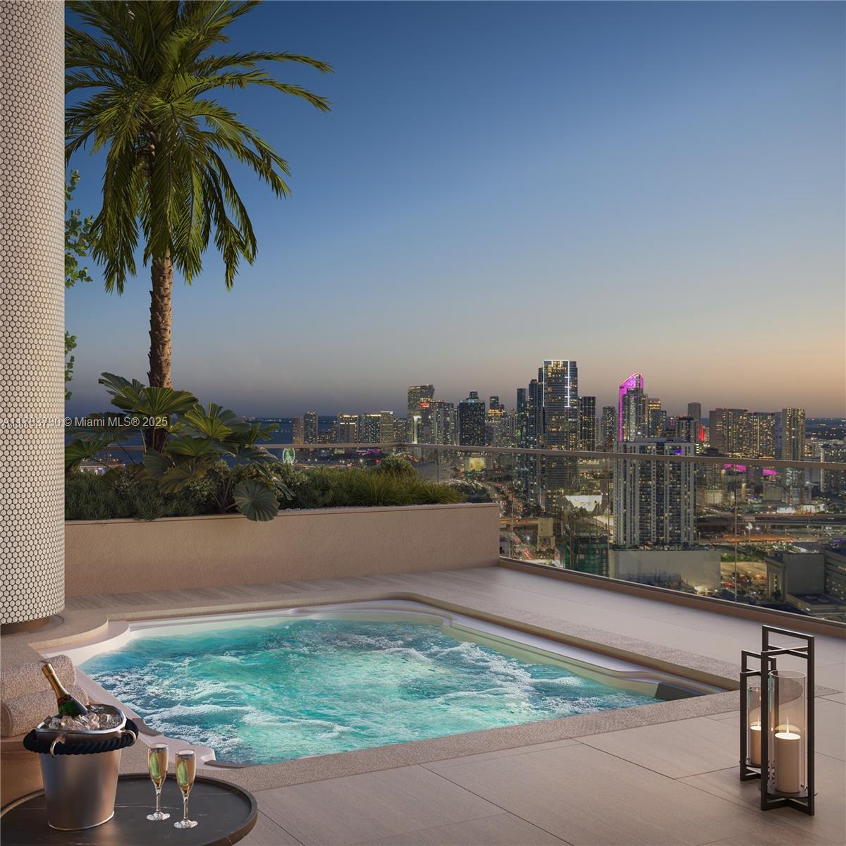 This rendering shows a balcony with a hot tub, palm tree, and city skyline view — 1837 NE 4th Ave # 2203, Miami FL 33132, MIAMI, FL