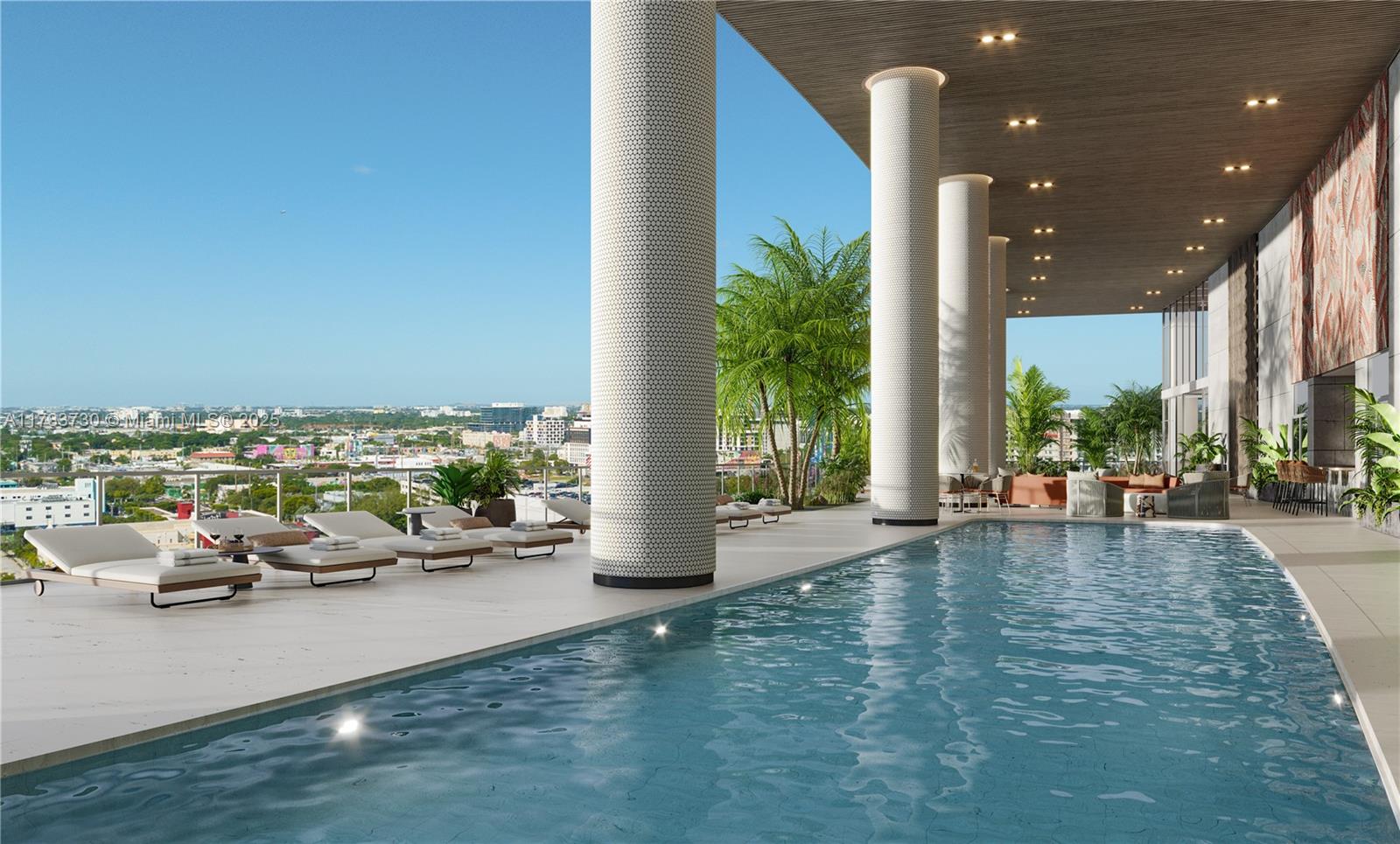This is a rendering of an outdoor swimming pool deck featuring lounge chairs and columns — 1837 NE 4th Ave # 2203, Miami FL 33132, MIAMI, FL