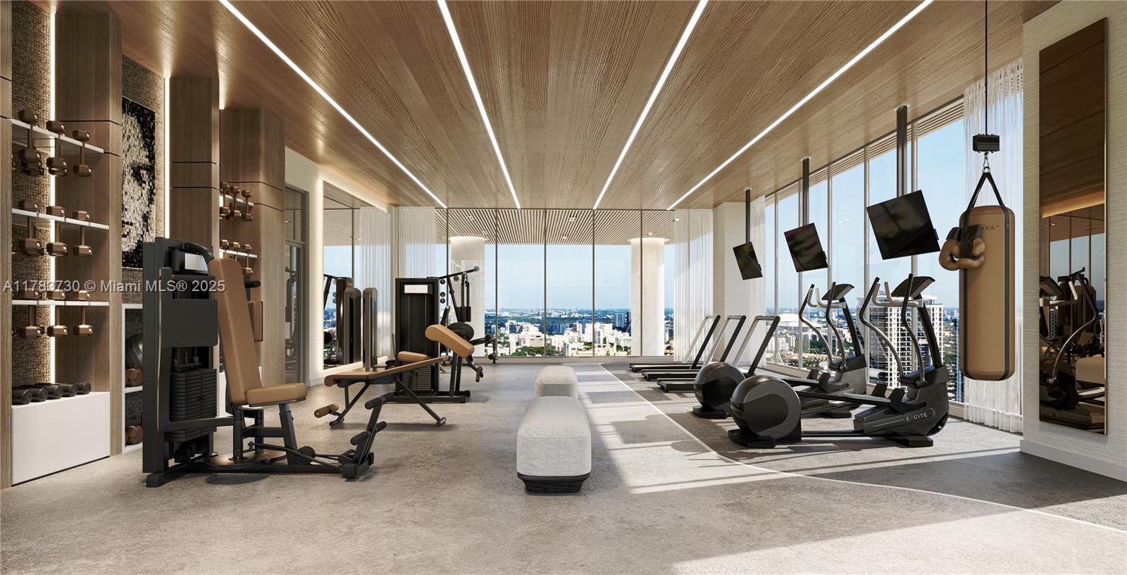 This rendering shows a modern gym with exercise equipment, floor-to-ceiling windows, and wood-paneled ceilings — 1837 NE 4th Ave # 2203, Miami FL 33132, MIAMI, FL