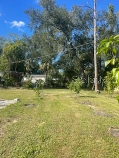 A grassy backyard features scattered small trees and mature trees under a clear blue sky — 7890 MARX DRIVE, NORTH FORT MYERS, FL