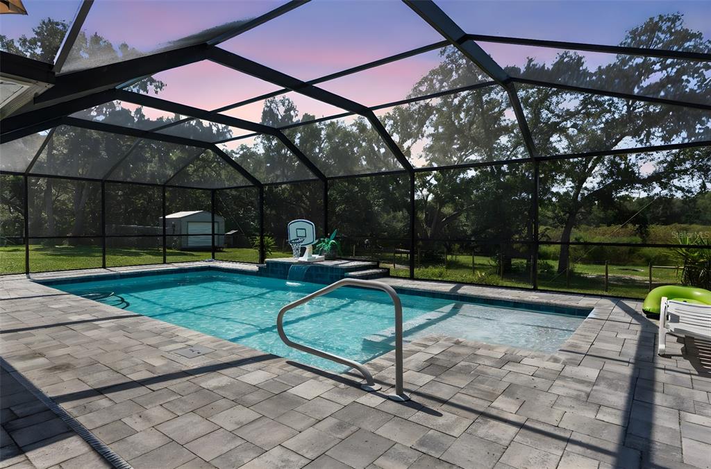 An aerial view shows a single-story house with a pool cage surrounded by wooded land — 18209 MERWYN CIR, WEEKI WACHEE, FL