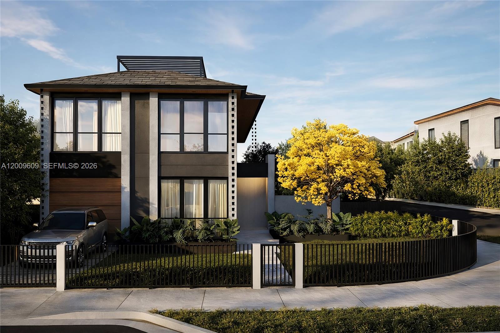 A rendering of a modern two-story house with a fenced yard and a yellow tree — 1047 SW 13th Ave, Miami FL 33135, MIAMI, FL