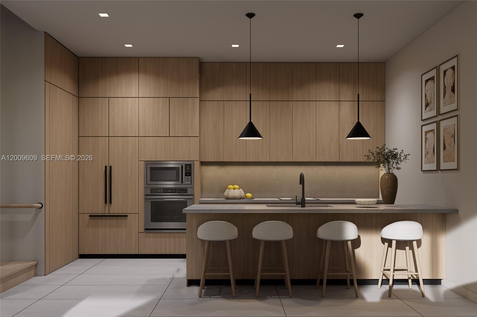 This rendering shows a modern kitchen with wood cabinetry, stainless steel appliances, and a breakfast bar — 1047 SW 13th Ave, Miami FL 33135, MIAMI, FL