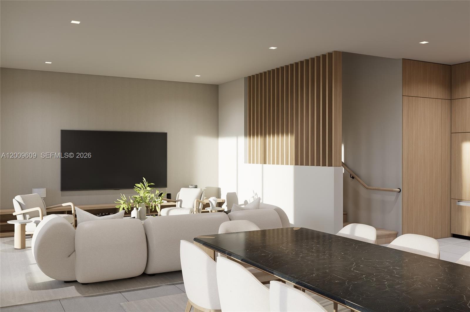 This is a digital rendering of a modern living and dining room with wood accents — 1047 SW 13th Ave, Miami FL 33135, MIAMI, FL