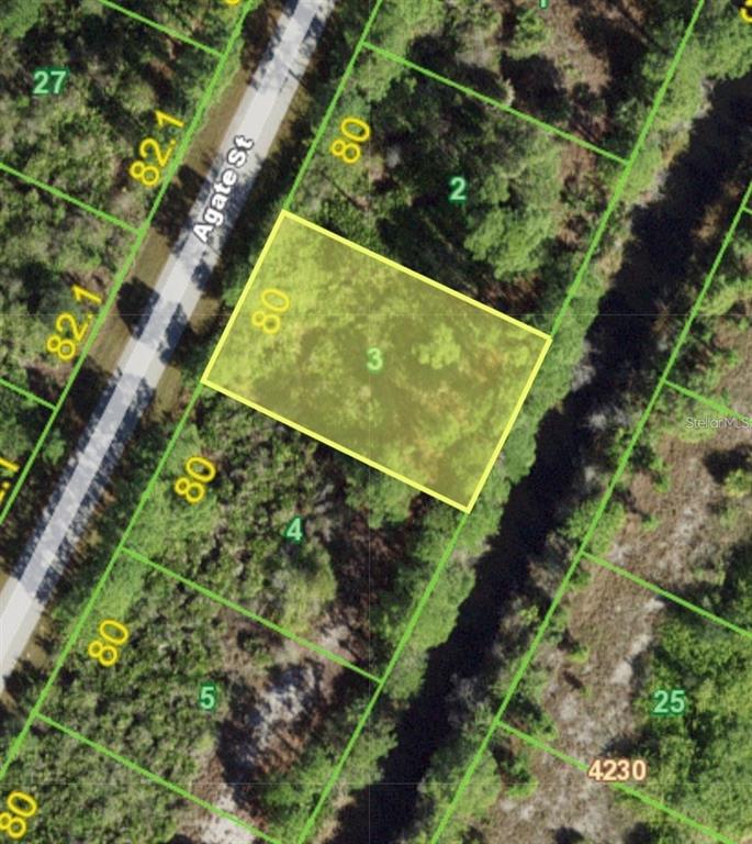 This is an aerial map showing a highlighted rectangular land parcel labeled number 3 — 8286 AGATE STREET, PORT CHARLOTTE, FL