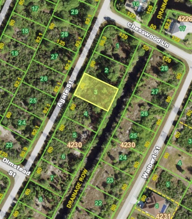 This is a map showing a highlighted vacant lot situated between two streets — 8286 AGATE STREET, PORT CHARLOTTE, FL