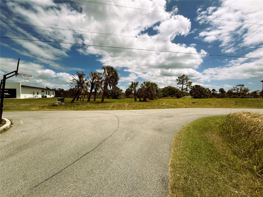 A paved road curves in front of a grassy lot with palm trees and sky — 13303 IRWIN DRIVE, PORT CHARLOTTE, FL
