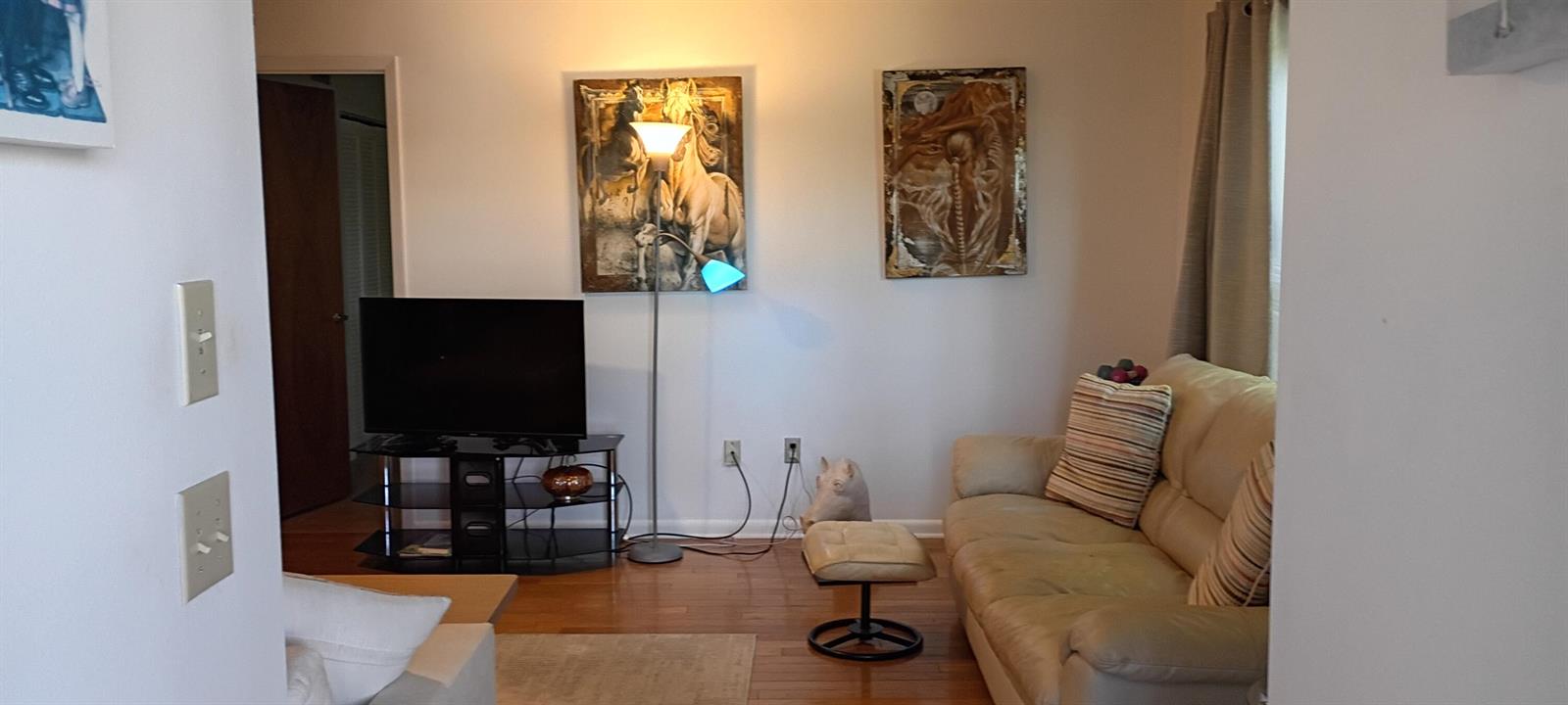 A living room features a beige sofa, a television on a stand, and two wall paintings — 8387 SE Croft Circle # Q3, Hobe Sound FL 33455, HOBE SOUND, FL