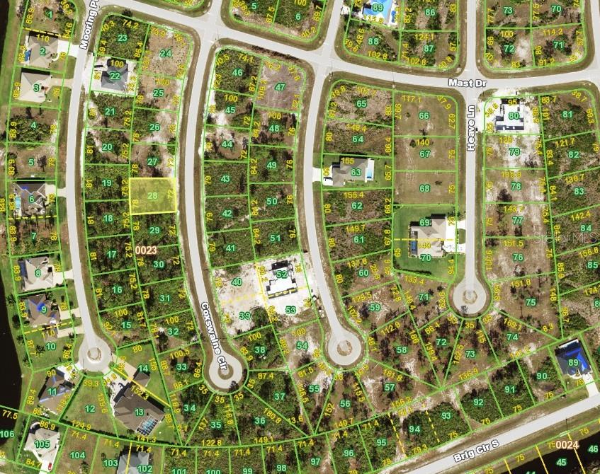 This is an aerial map showing residential lots and streets in a suburban neighborhood — 16 COXSWAIN CIRCLE, PLACIDA, FL