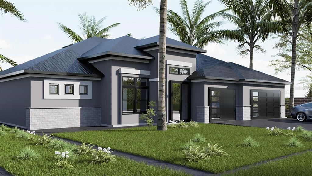 A digital rendering of a modern gray single-story house with a stone base and garage — 217 SE 21 LANE, CAPE CORAL, FL