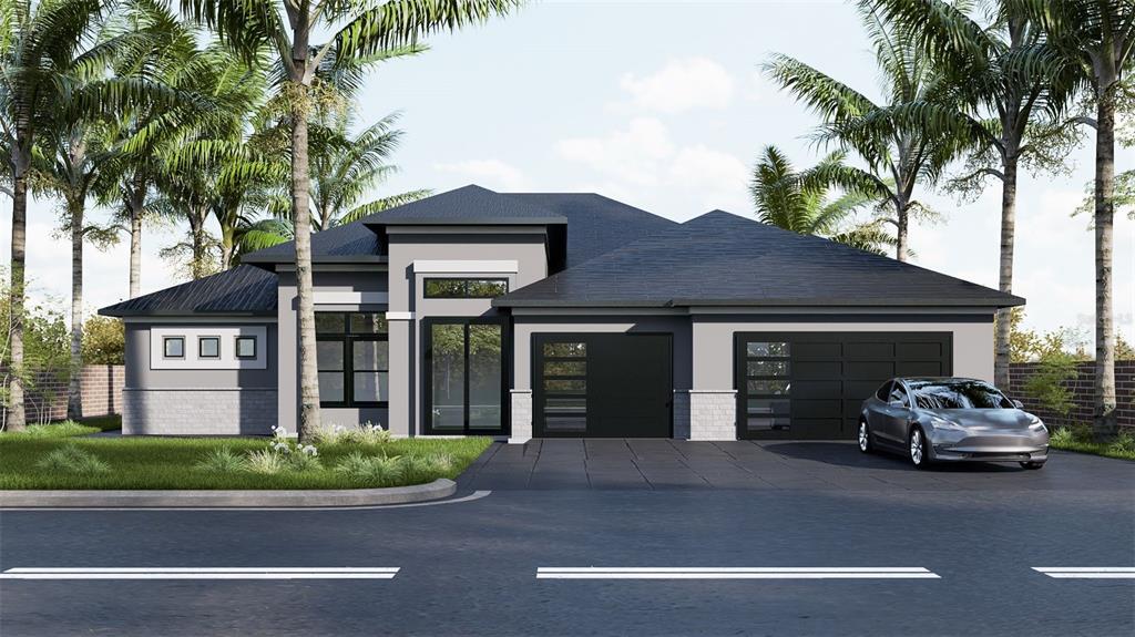 This is a digital rendering of a modern single-story house with a two-car garage — 217 SE 21 LANE, CAPE CORAL, FL