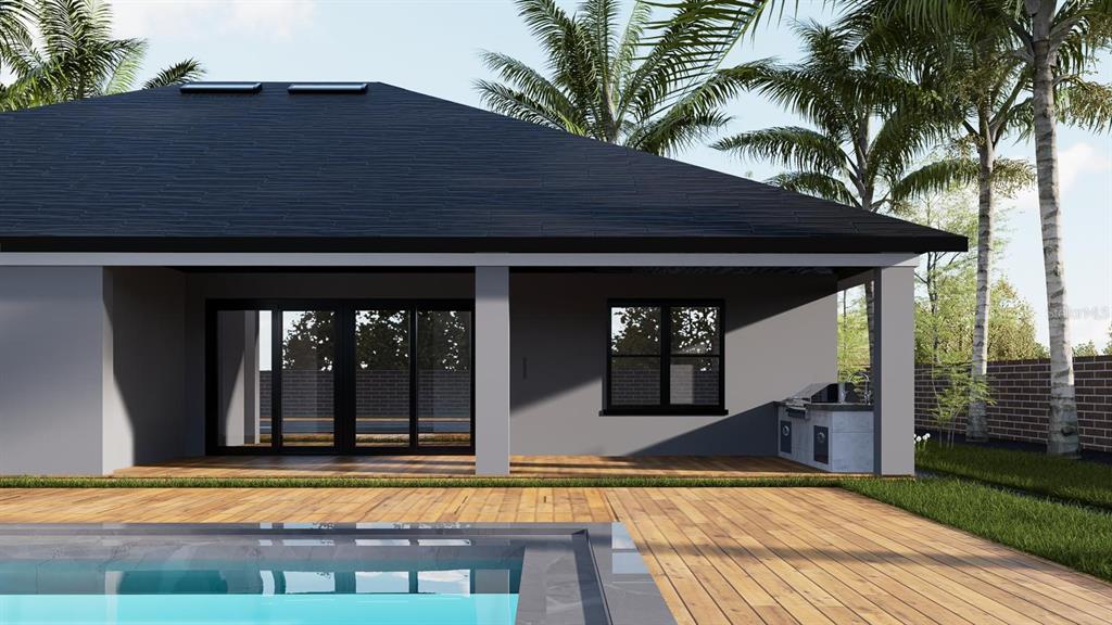 This architectural rendering shows a house exterior with a covered patio, pool, and outdoor kitchen — 217 SE 21 LANE, CAPE CORAL, FL