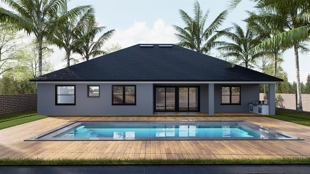 This is a rendering of the rear exterior of a house featuring a swimming pool — 217 SE 21 LANE, CAPE CORAL, FL