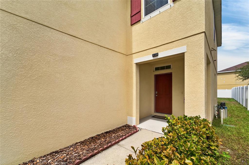 The exterior view shows a tan stucco house with a red front door and shutters — 12111 FAWN BRINDLE STREET, RIVERVIEW, FL