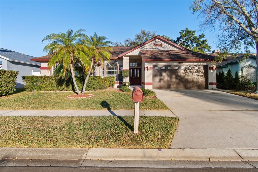 A single-story house with a brown garage, a palm tree, and a red mailbox — 10431 36TH STREET N, CLEARWATER, FL