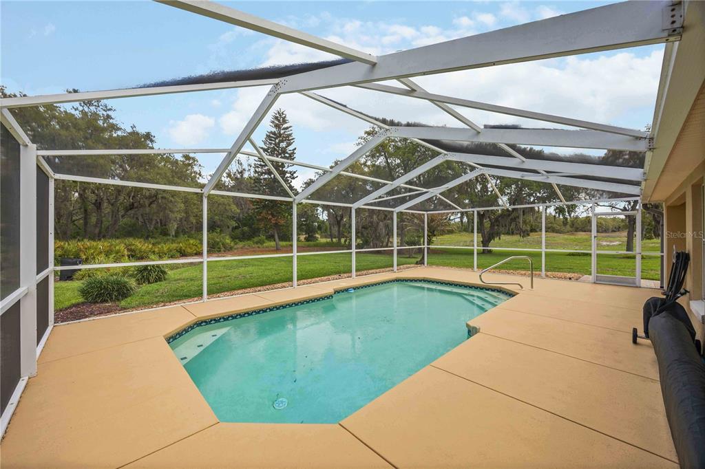 A swimming pool sits on a tan deck inside a screened-in lanai overlooking trees — 1082 TEQUESTA TRAIL, LAKE WALES, FL