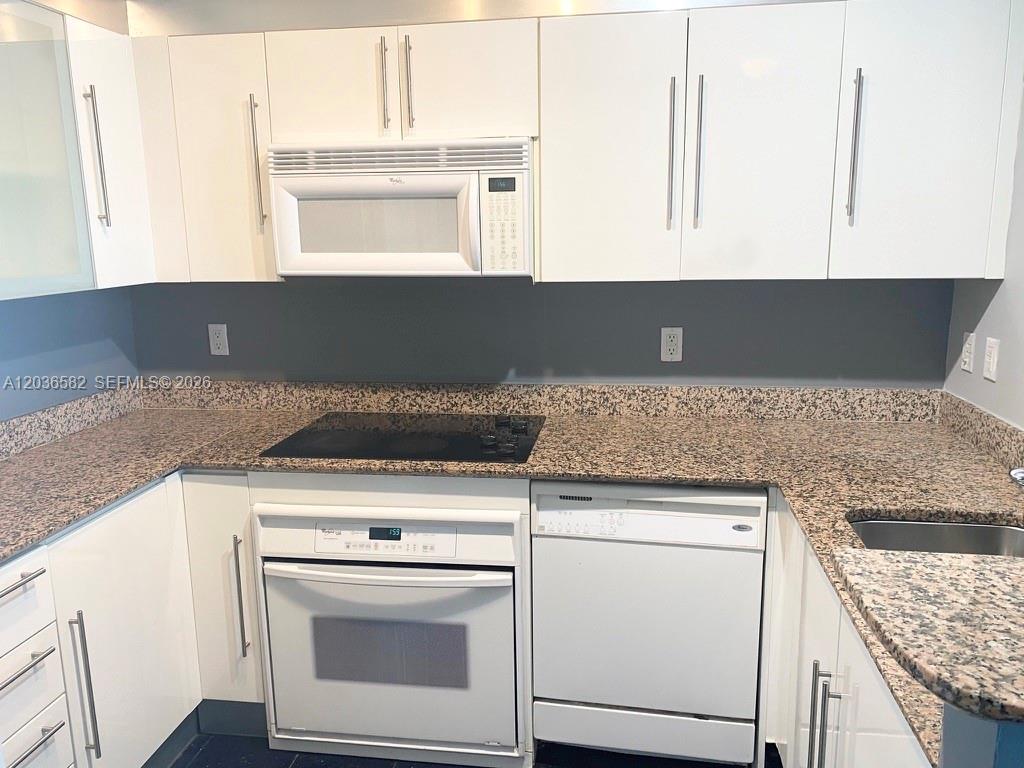 A kitchen features white cabinets, granite countertops, a white oven, and a white dishwasher — 335 BISCAYNE BL # 4200, Miami FL 33131, MIAMI, FL