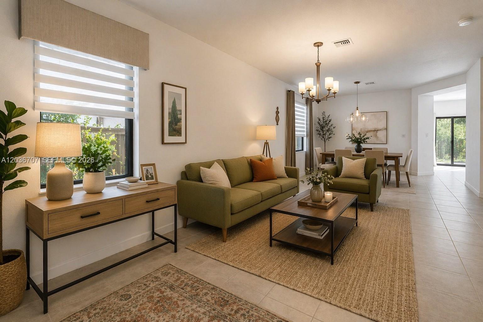 An open-concept living and dining area features light tile floors, neutral furniture, and large windows — 20900 NE 2nd Ct, Miami FL 33179, MIAMI, FL