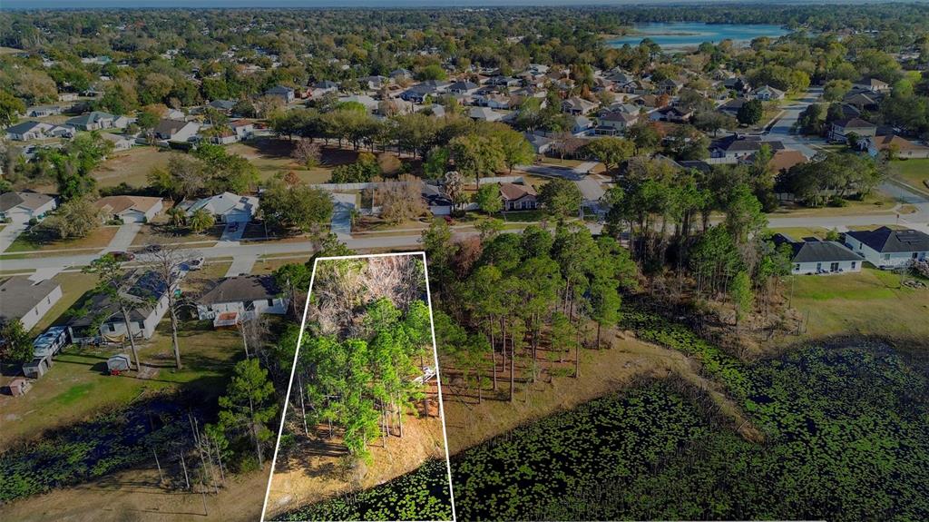 An aerial view shows a wooded residential lot bordering a pond in a suburban neighborhood — 466 HAVERSHAM ROAD, DELTONA, FL