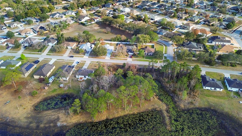 An aerial view shows a suburban neighborhood with houses bordering a wooded area and pond — 466 HAVERSHAM ROAD, DELTONA, FL