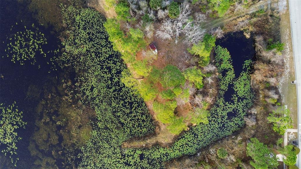 An aerial view shows a wooded lot with a small boat nestled near a lake — 466 HAVERSHAM ROAD, DELTONA, FL