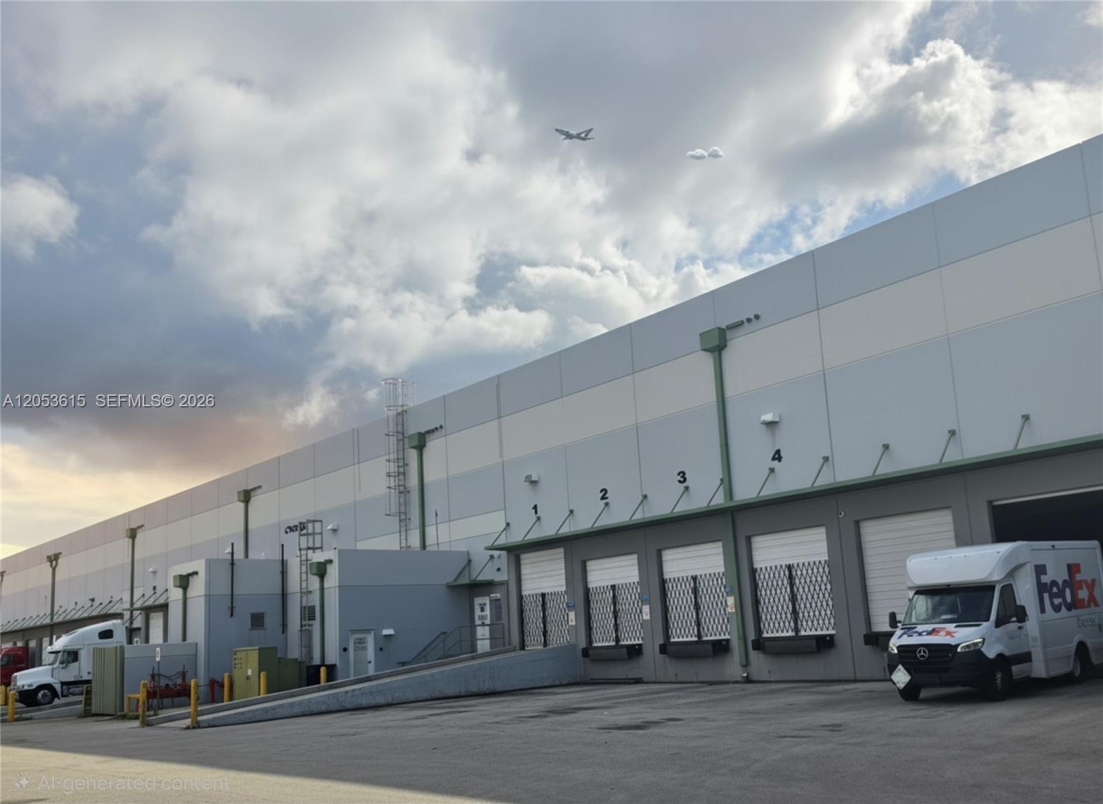 An exterior view of a large industrial warehouse building with loading docks and a FedEx truck — SWEETWATER, FL