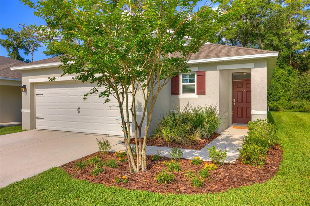 A single-story house with a white garage, a brown front door, and a small front yard — 372 PELHAM PARK DRIVE, DELAND, FL