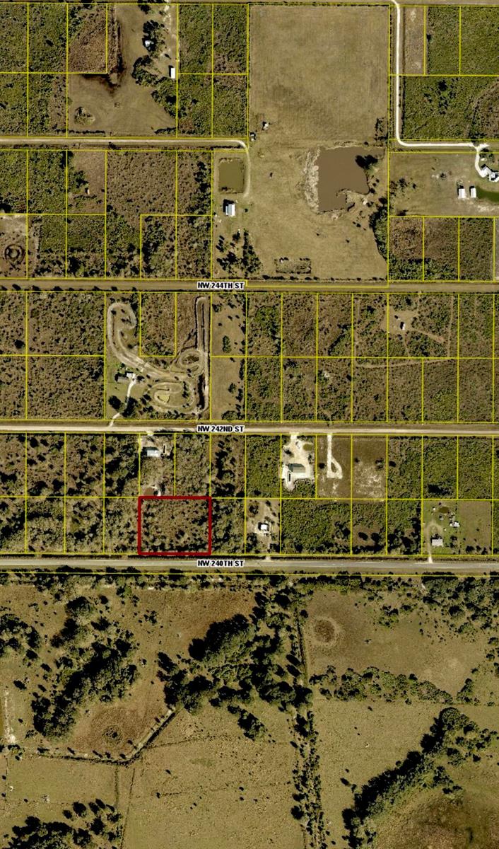An aerial map view shows a rectangular parcel of land outlined in red — 18923 NW 240th Street, Okeechobee FL 34972, OKEECHOBEE, FL
