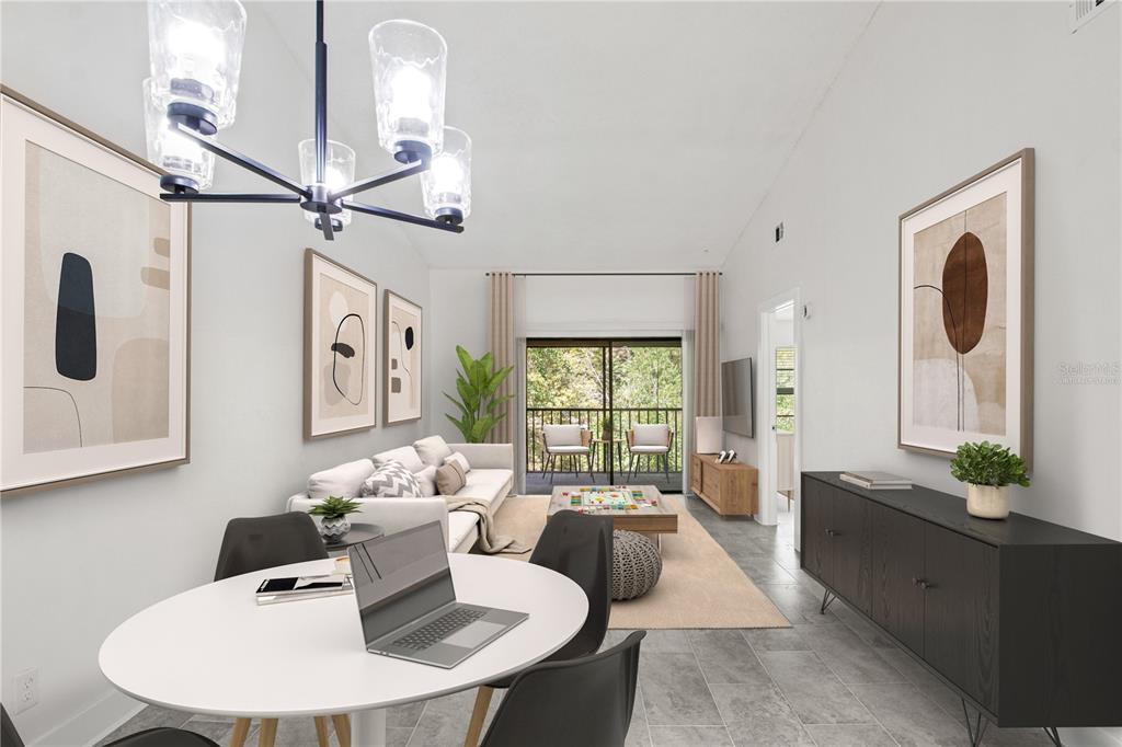 A living and dining area features a white table, a sofa, and a balcony view — 7828 NIAGARA AVENUE UNIT 322, TAMPA, FL