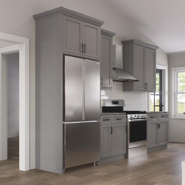 This rendering shows a modern kitchen with gray cabinetry, stainless steel appliances, and wood flooring — 3199 S KINGS AVENUE, HOMOSASSA, FL