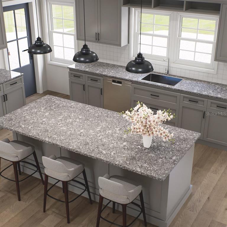This is a rendering of a kitchen featuring gray cabinets, granite countertops, and a central island — 3199 S KINGS AVENUE, HOMOSASSA, FL