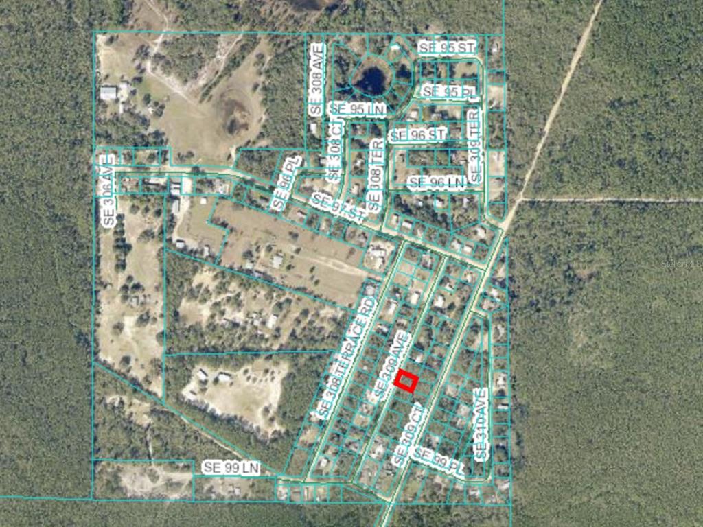 This is an aerial map showing a residential neighborhood with a highlighted property lot — 0 SE 309 AVENUE, ALTOONA, FL
