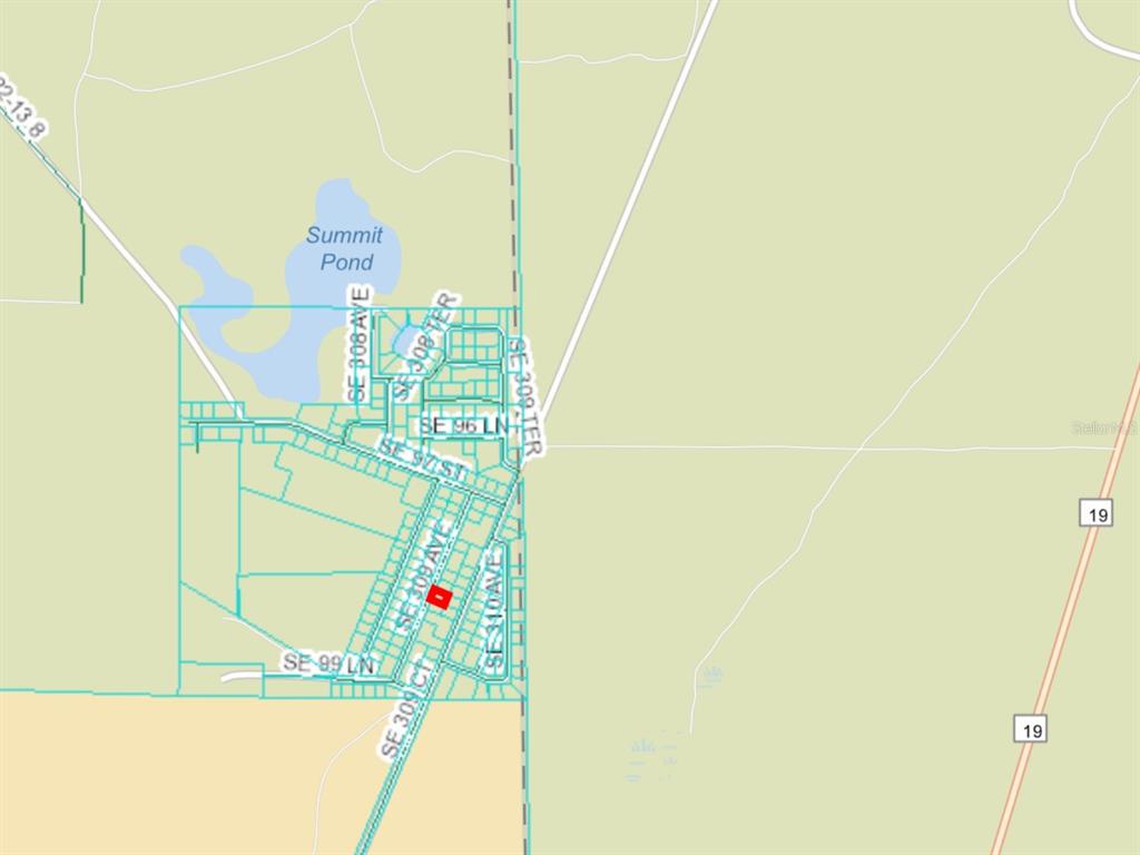 This is a map showing a residential area near Summit Pond and Highway 19 — 0 SE 309 AVENUE, ALTOONA, FL