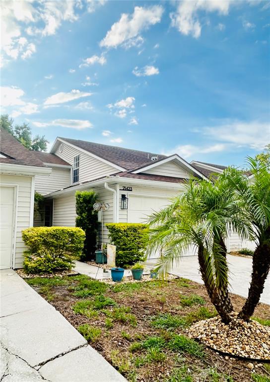 A light-colored house with a gabled roof, a palm tree, and a small front garden — 21423 KEATING WAY, LUTZ, FL